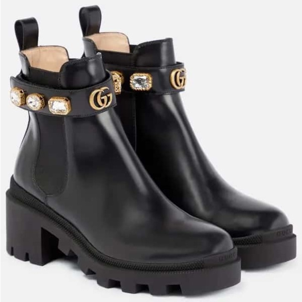 New GUCCI GG Calfskin Crystal GG Trip black Chelsea Ankle Boots 39.5